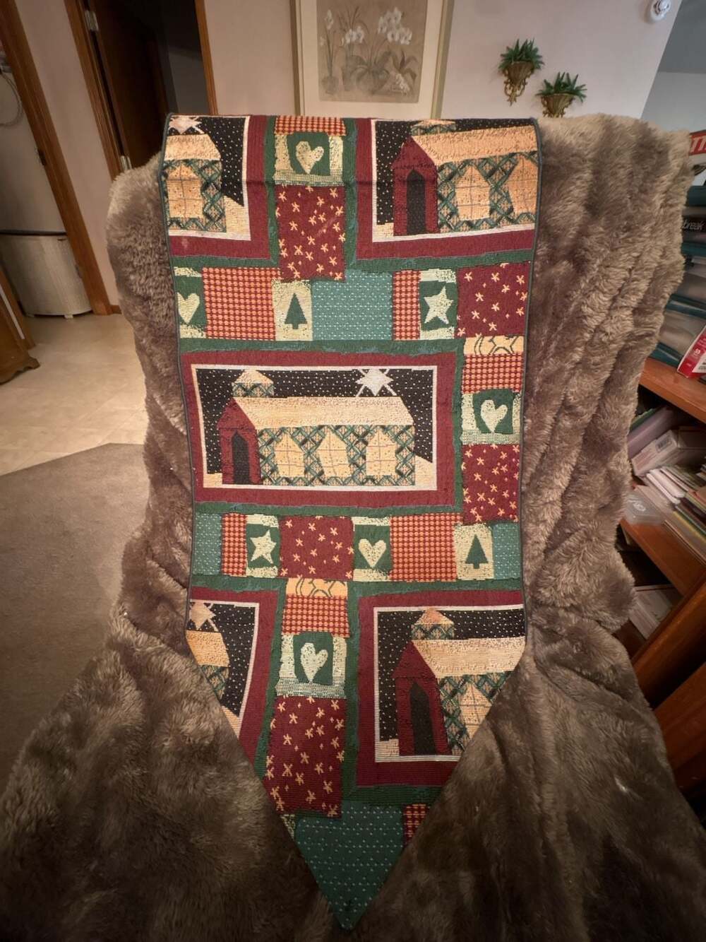 Vintage Tapestry Table Runner Christmas Folk Art Patchwork Country